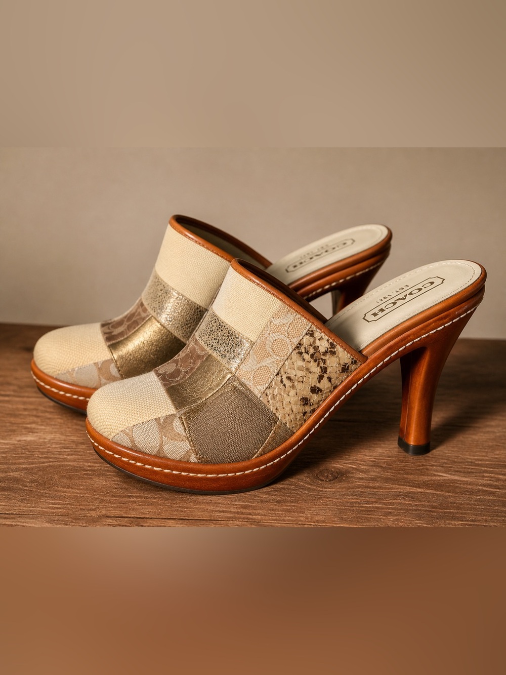 Coach Patchwork Platform Mules in Tan, Gold & Cream